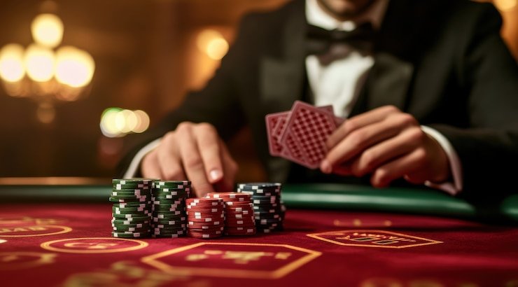 Close-up dealer Japan Pools mengocok kartu blackjack dengan presisi di studio profesional